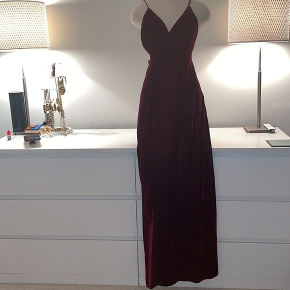 Velvet maxi dress with high slit, dark burgundy size XS - Picture 2 of 7
